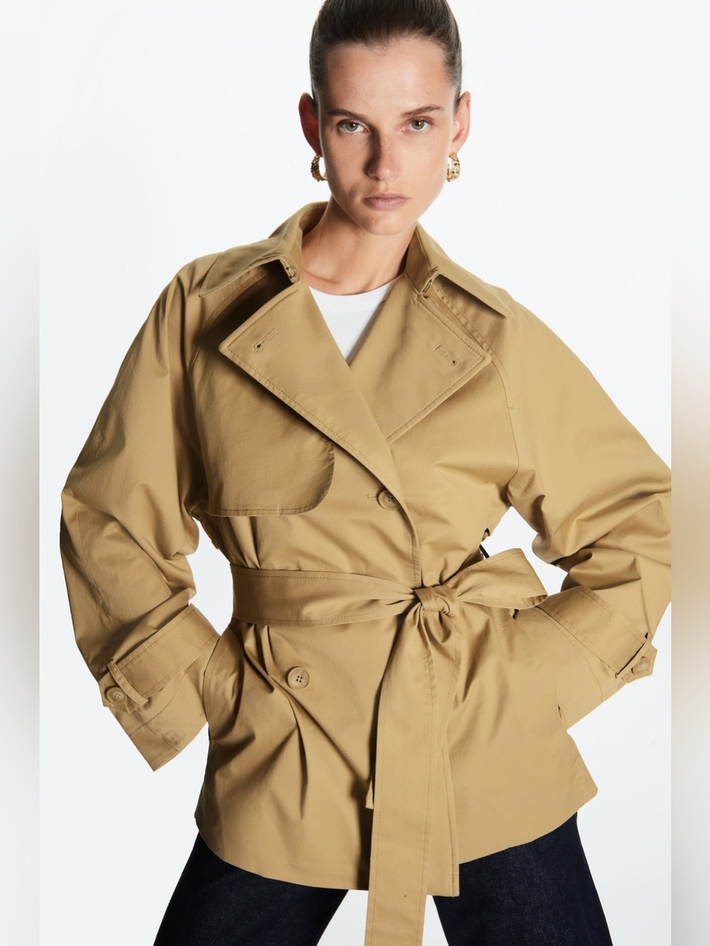 COS Tan Oversized Belted Short Trench Jacket